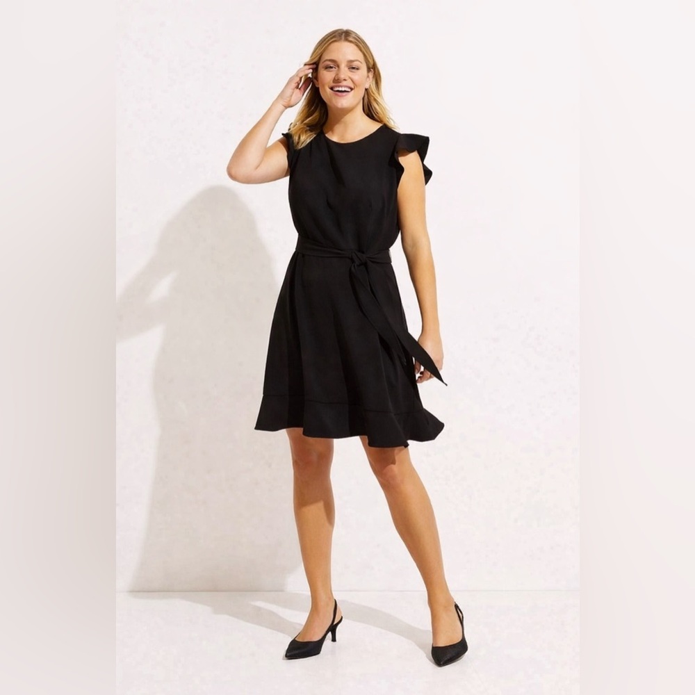 LOFT Black Flutter Sleeve Belted Dress Fit & Flare Size 2 - Picture 3 of 12